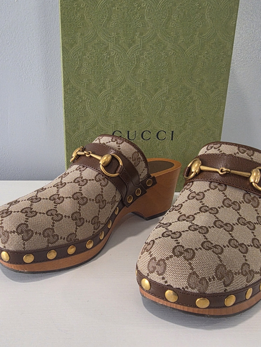 Gucci Beige & Brown GG Canvas Studded Clog - Picture 6 of 16